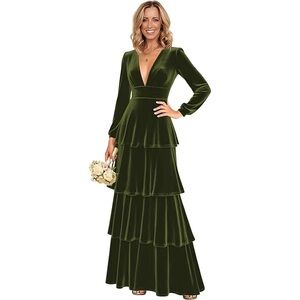 #12 Elegant Green Velvet Tiered Gown Maxi Dress Sz. 8 NWT